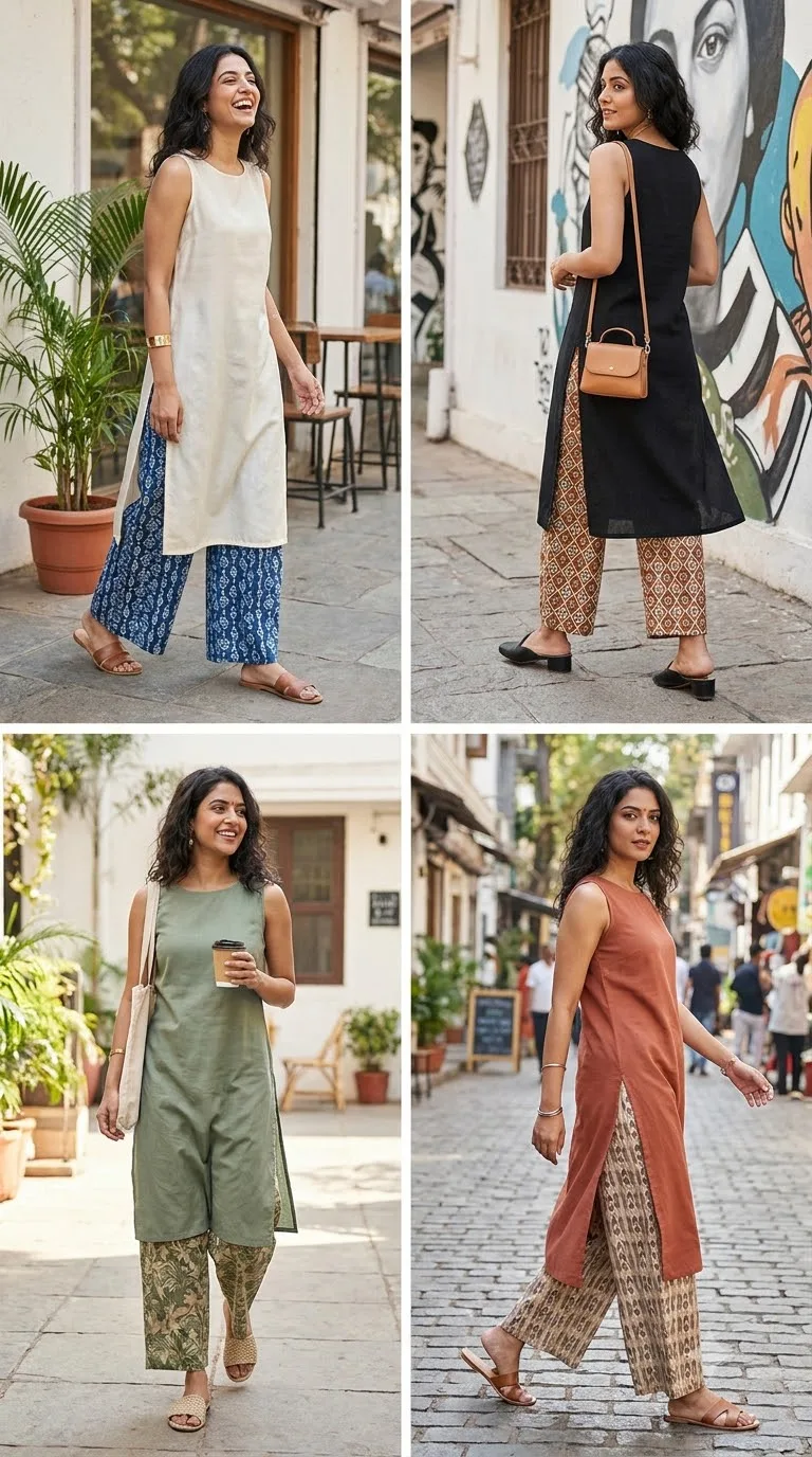 Sleeveless Minimal Kurta With Printed Wide Leg Pants
