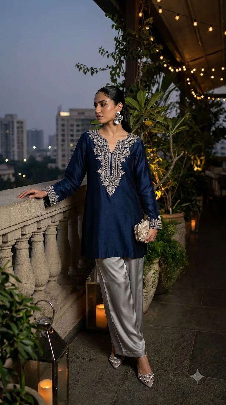 Embroidered Kurta With Satin Wide Leg Pants