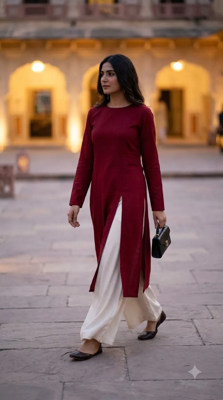 Front Slit Kurta With Contrast Wide Leg Pants