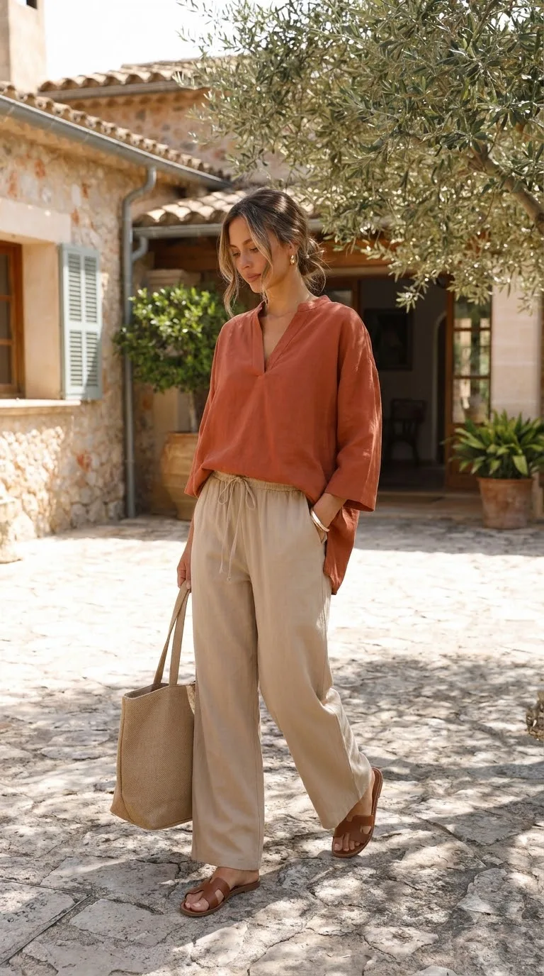 Woman modeling linen kurta outfit