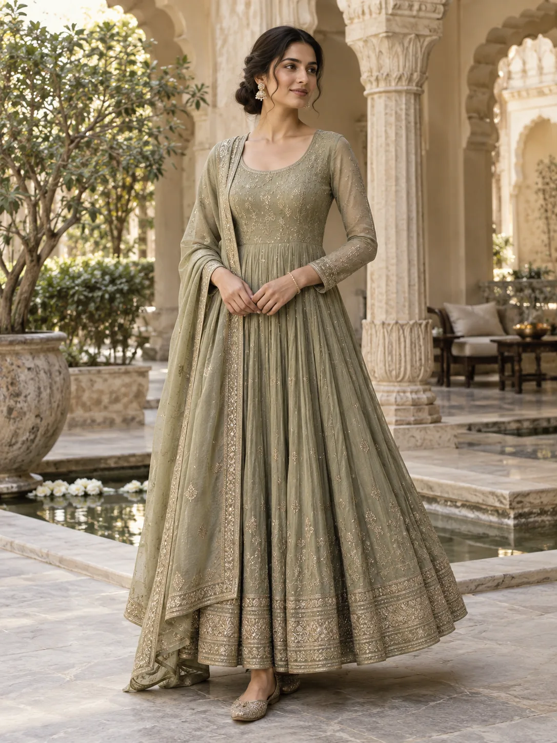 tonal anarkali with delicate jewellery