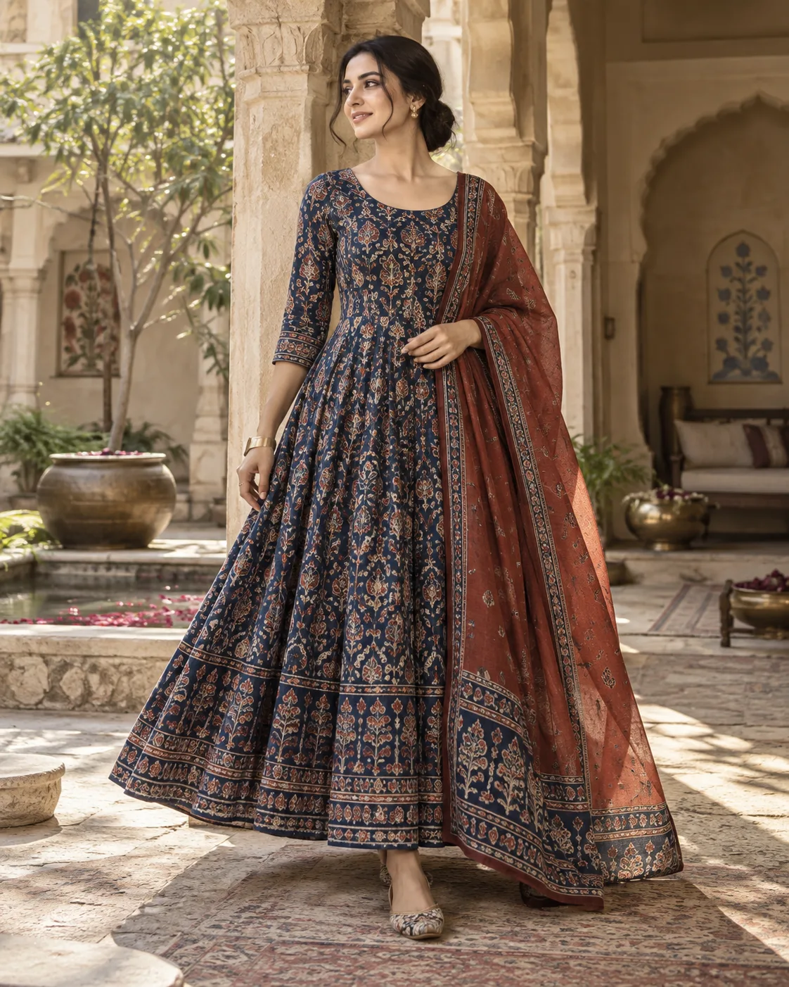 Printed Anarkali With a Contrast Dupatta and Minimal Accessories