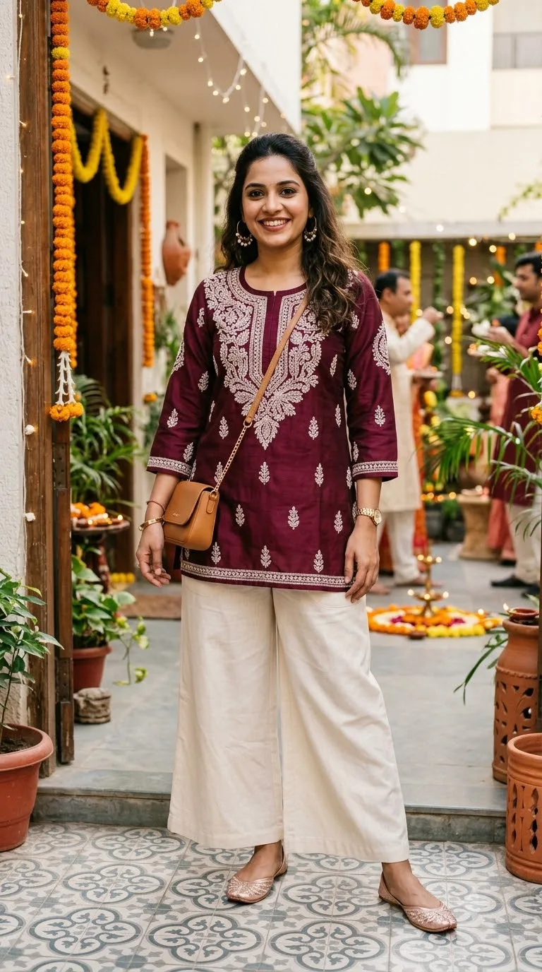 Short Festive Kurti + Wide Leg Trousers