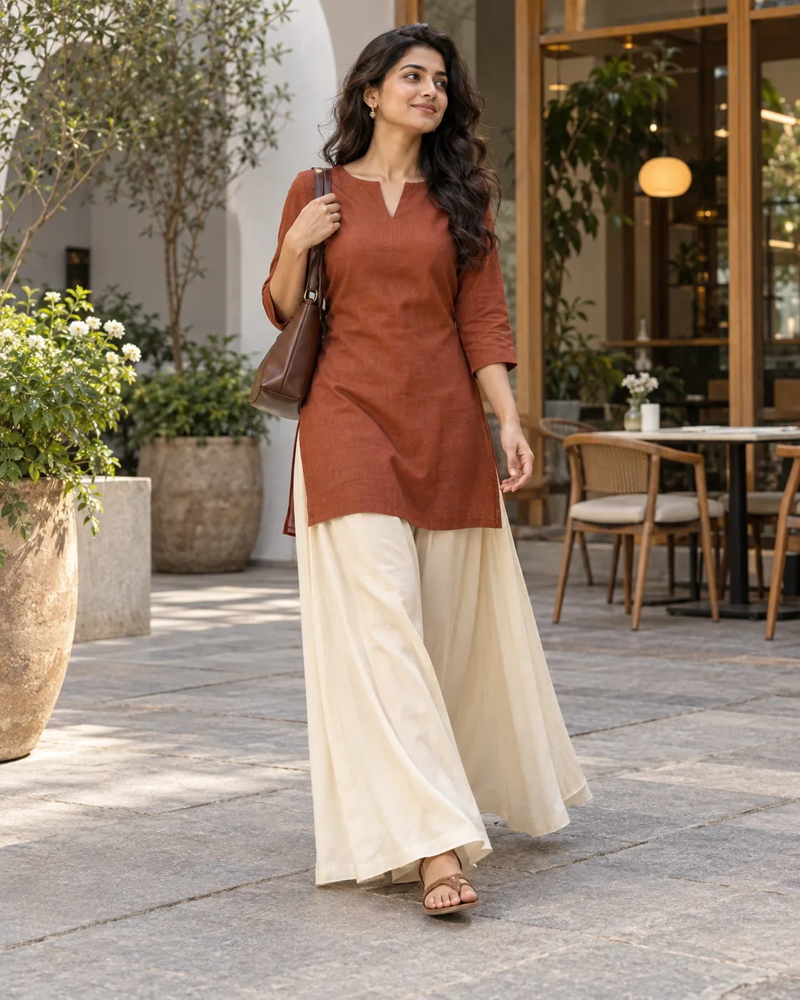 Short Straight Kurta + Fluid High Waisted Palazzos