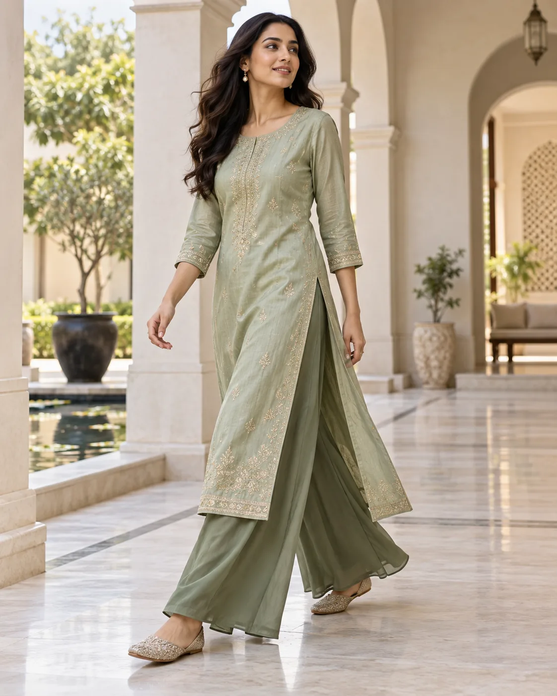 Long Side Slit Kurta + Soft Tonal Palazzos