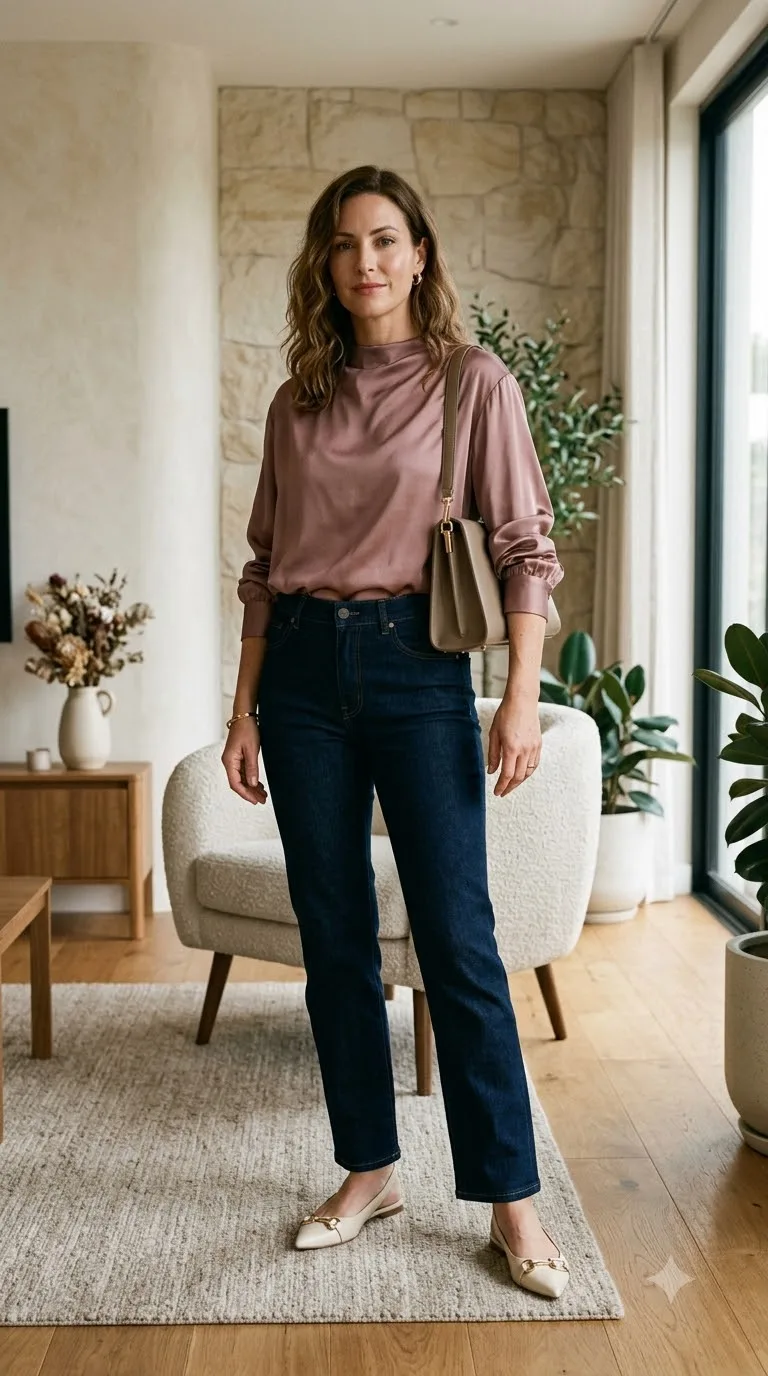 Dark Wash Jeans With a Satin Blouse