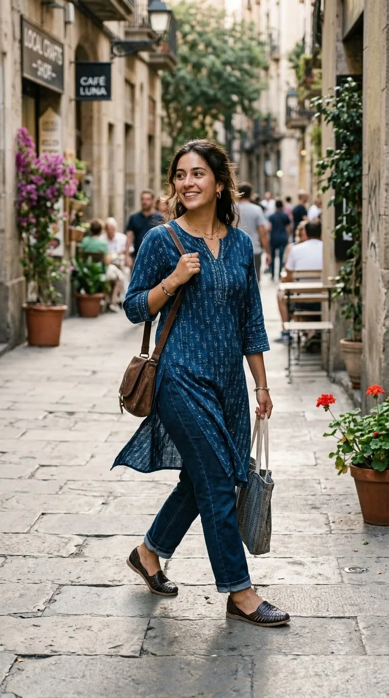 Short kurta or tunic over dark jeans
