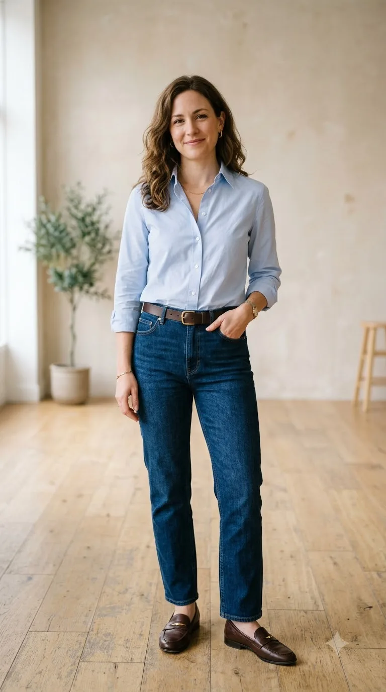 Tailored shirt, dark jeans, loafers