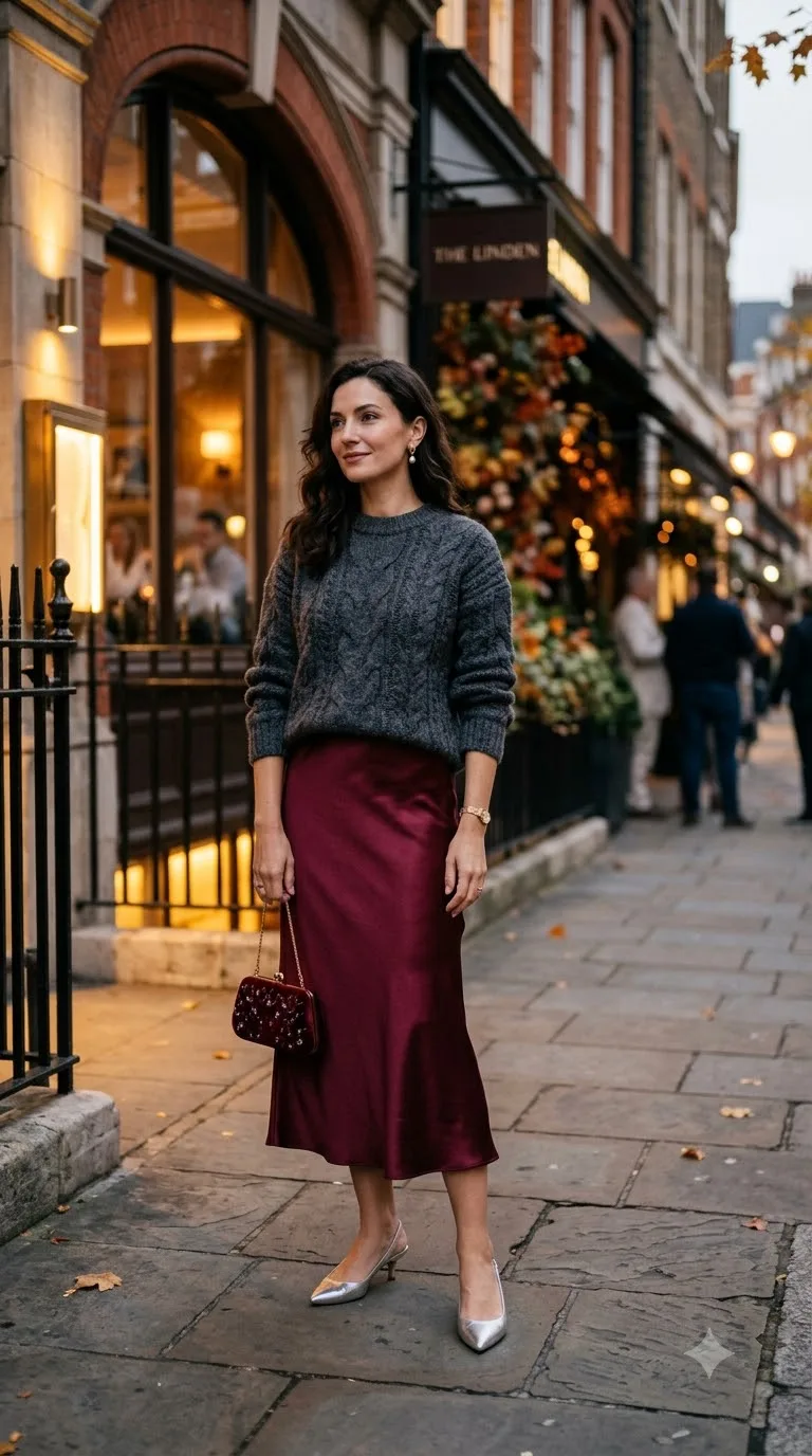 Burgundy Satin Skirt With a Grey Cable Knit Sweater