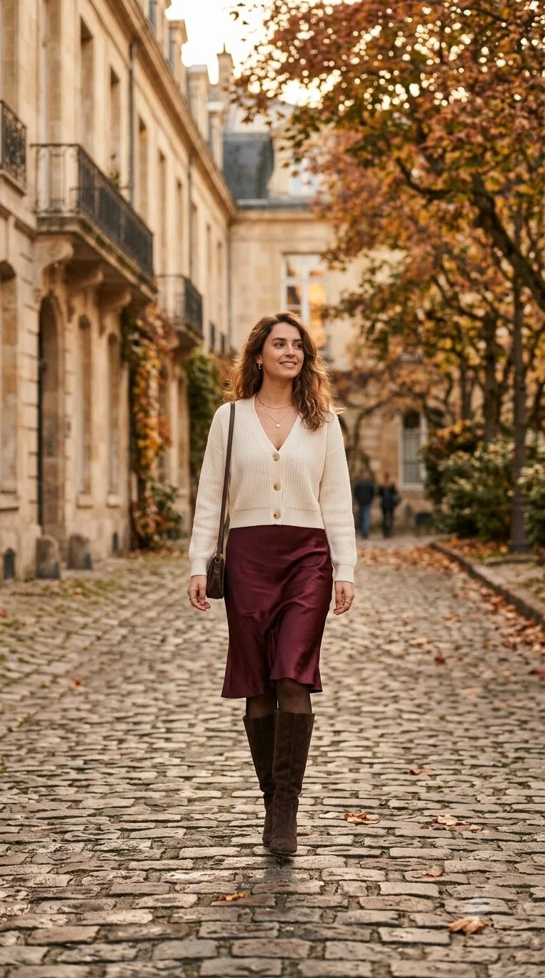 Burgundy Slip Dress With an Ivory Cardigan
