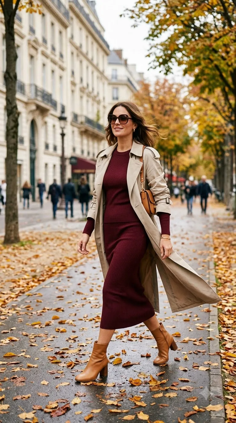 Burgundy Knit Co Ord With a Stone Trench