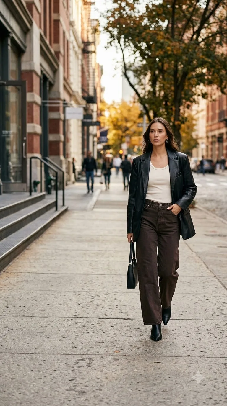 Black Leather Blazer Over an Ivory Tank