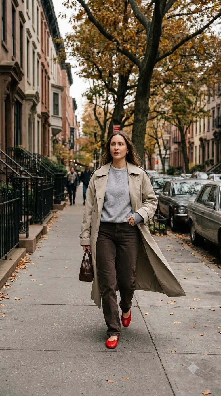 Dark Brown Jeans Under a Stone Trench
