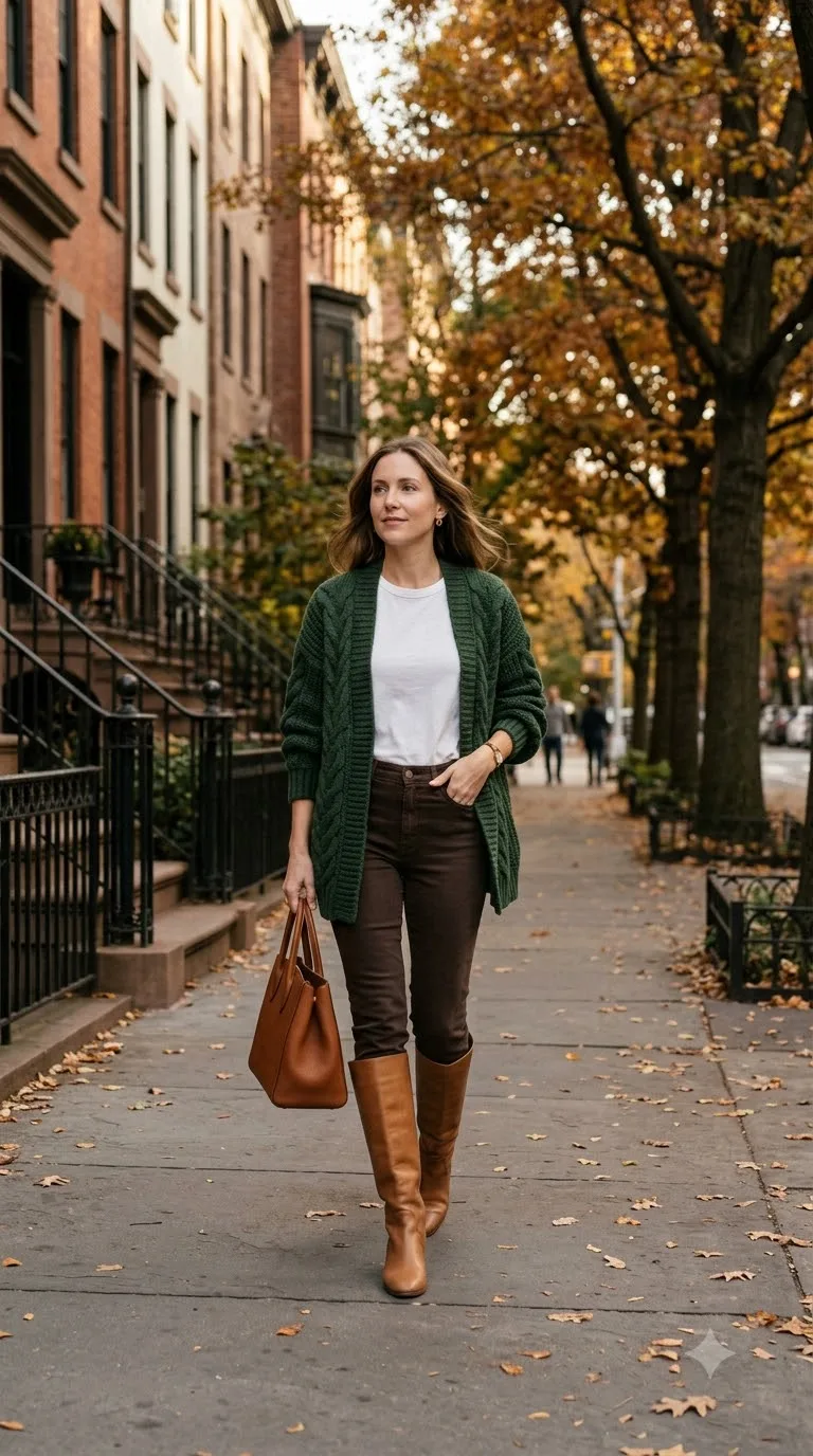 Forest Green Cardigan and Tall Tan Boots