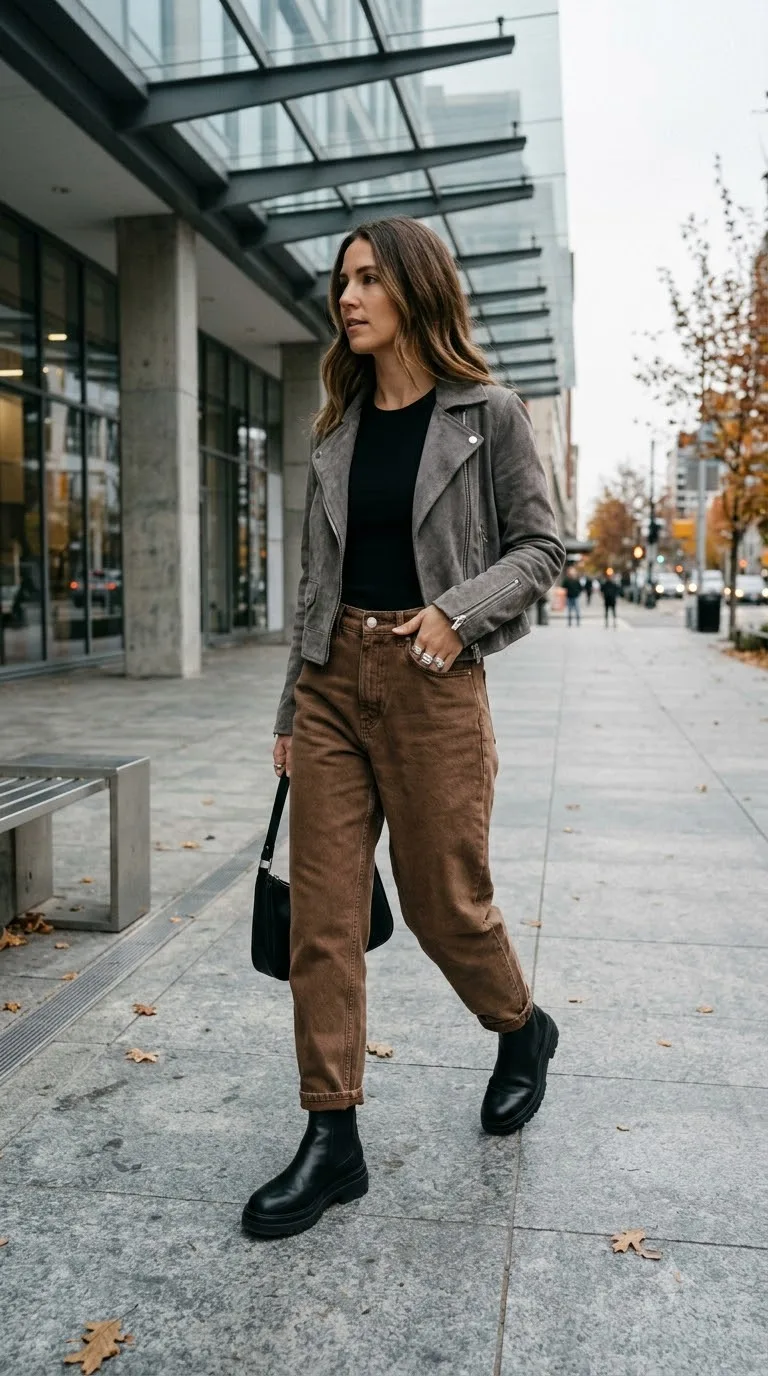 Grey Suede Jacket With Black Chelsea Boots