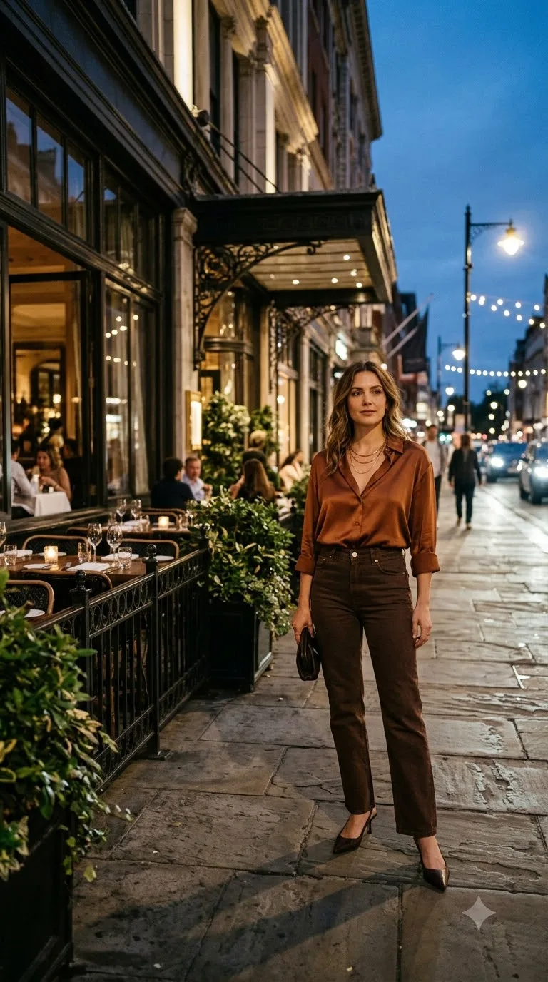 Copper Satin Shirt and Pointed Slingbacks