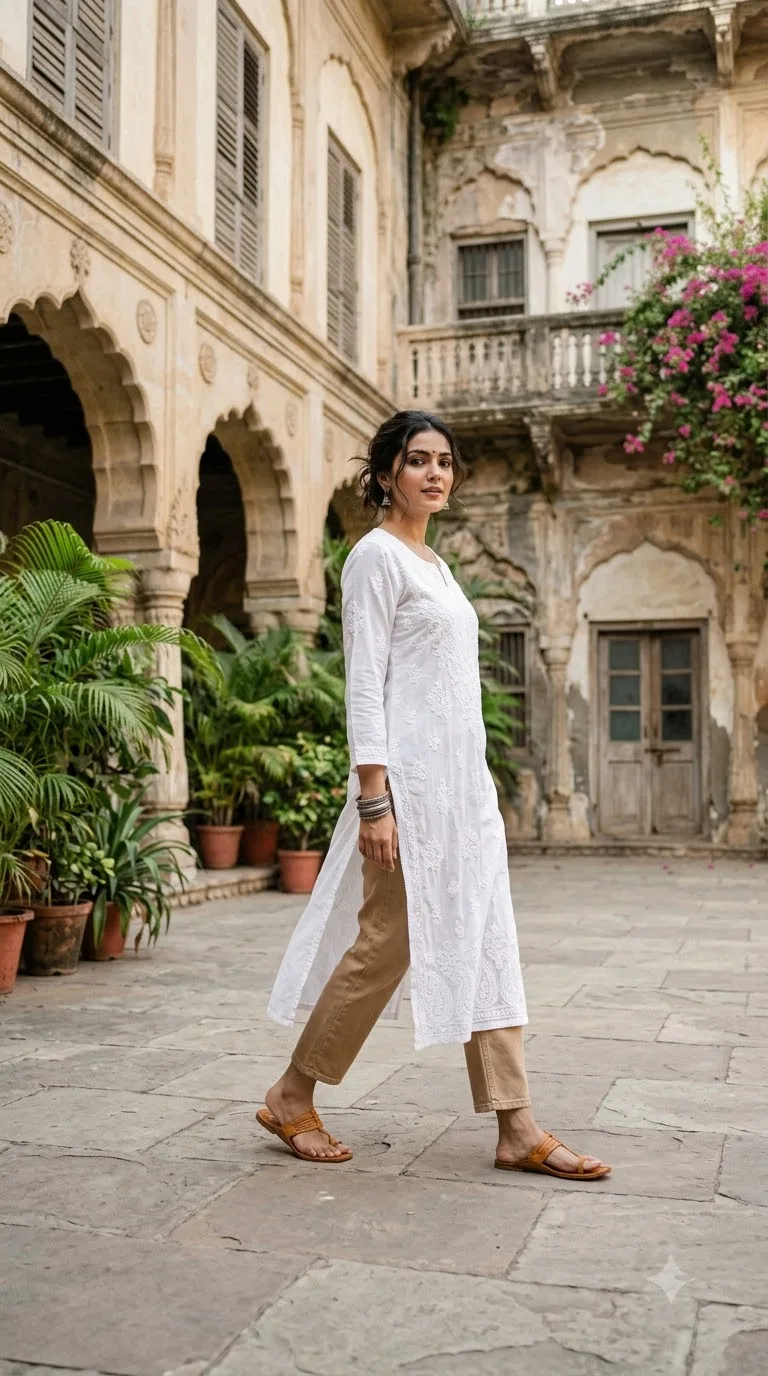 Long White Kurti With Tan Cropped Jeans