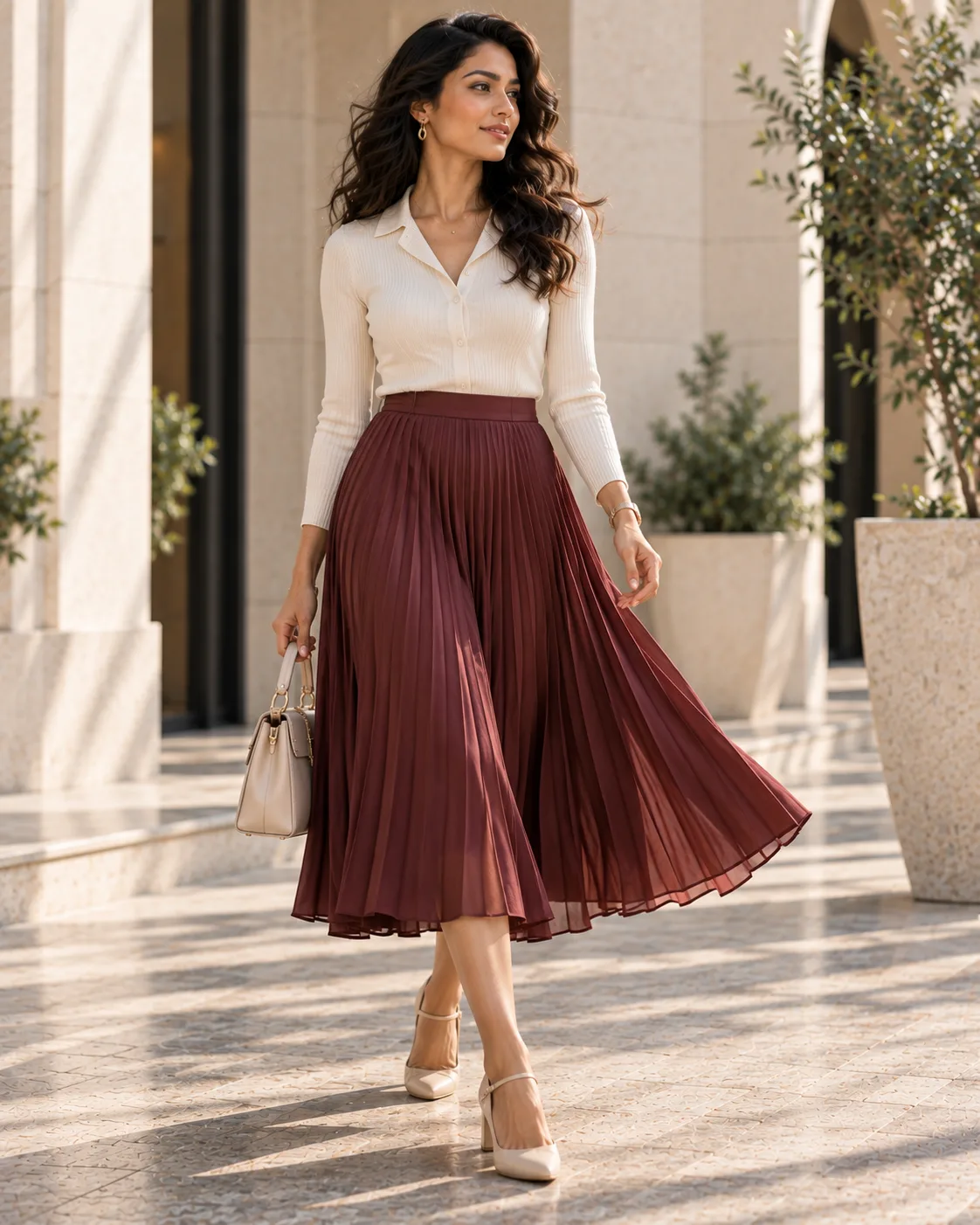 pleated midi skirt