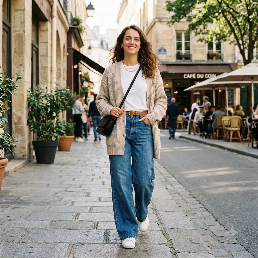 Cardigan top and wide leg jeans