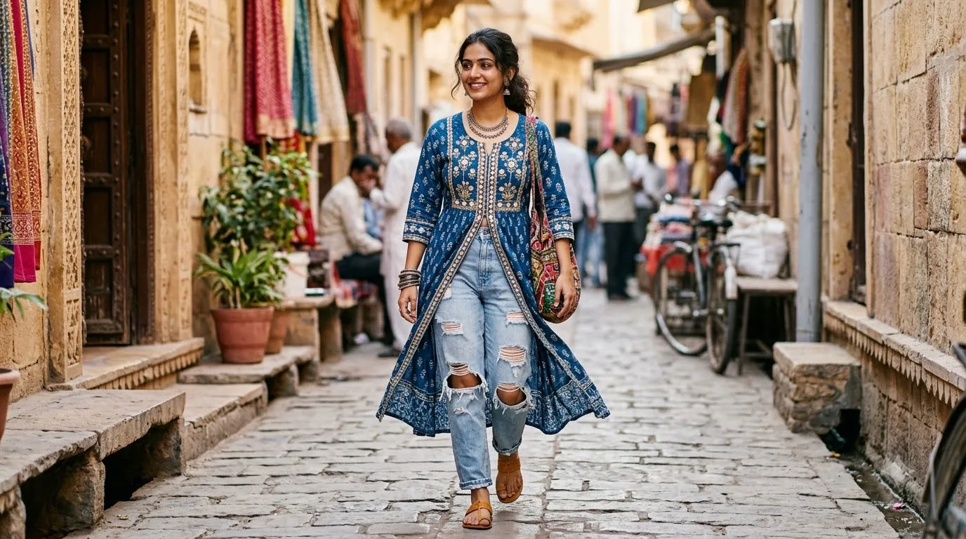 Long Kurti With Ripped Jeans