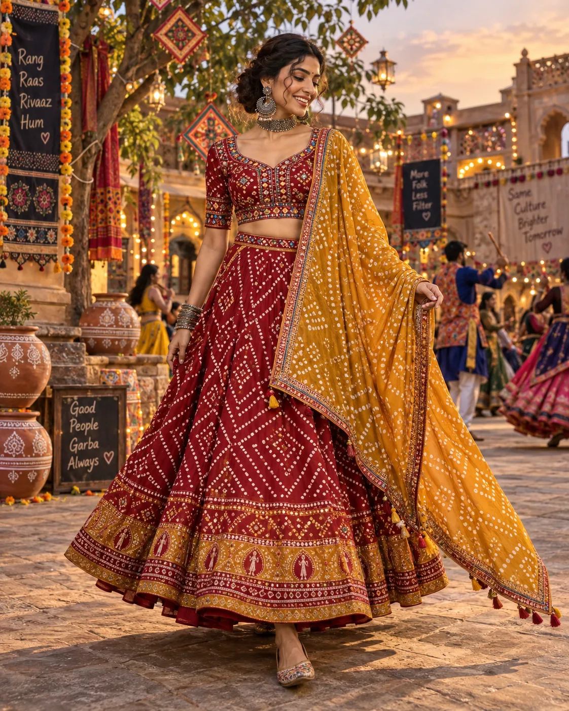 Bandhani%20Lehenga%20With%20an%20Embroidered%20Choli%20and%20Contrast%20Dupatta