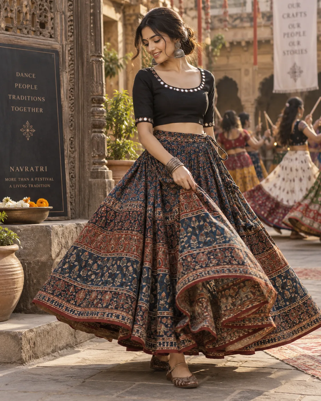 Folk Print%20Skirt%20With%20a%20Minimal%20Mirror Work%20Blouse